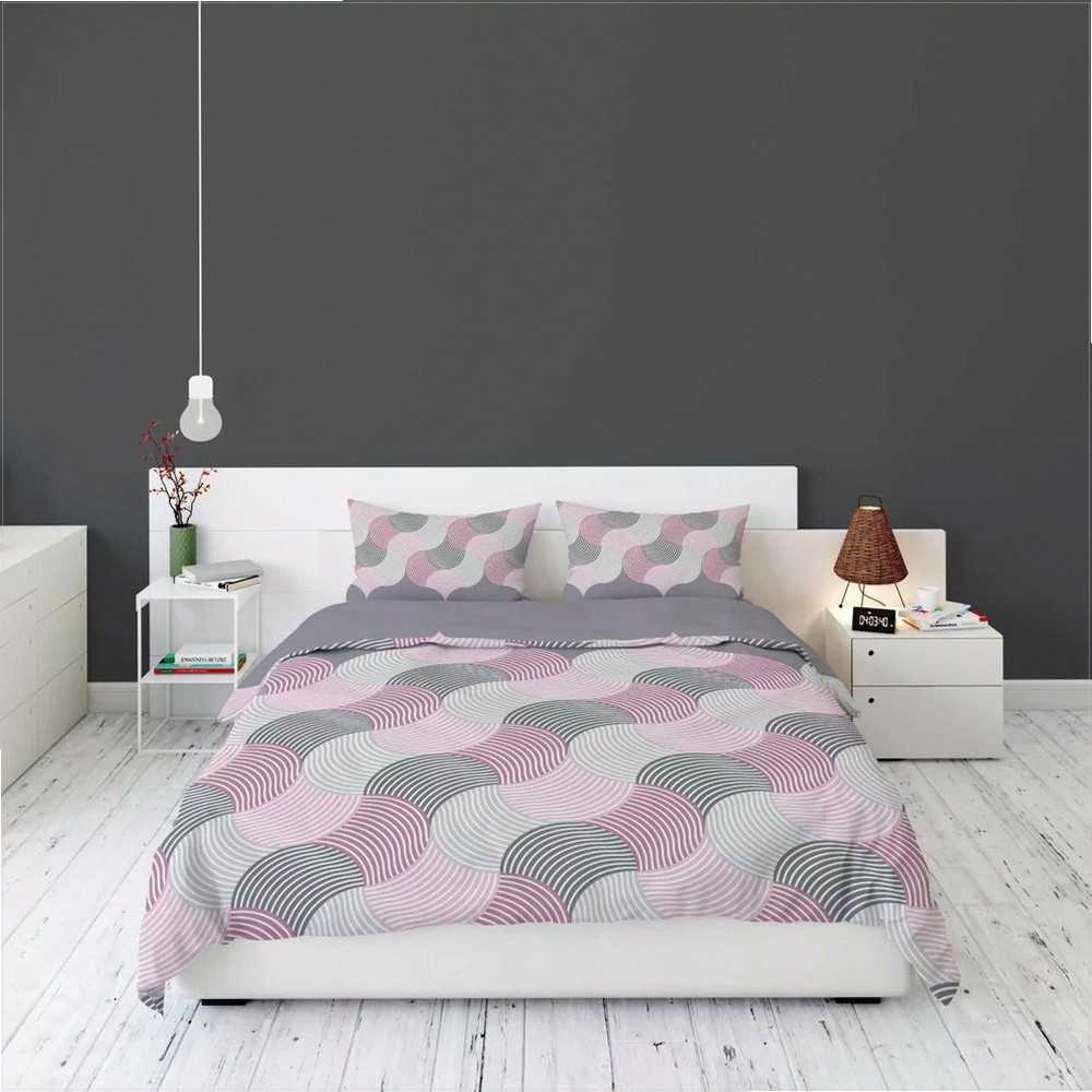 Flanelinės patalynės komplektas, 220x200 cm, pilkos ir rožinės geometrinės bangos, minkšta medvilninė patalynė, pastelinė gėlėta patalynė, dvigulė patalynė
