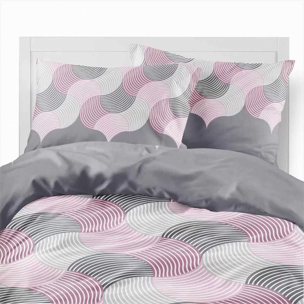 Flanelinės patalynės komplektas, 220x200 cm, pilkos ir rožinės geometrinės bangos, minkšta medvilninė patalynė, pastelinė gėlėta patalynė, dvigulė patalynė