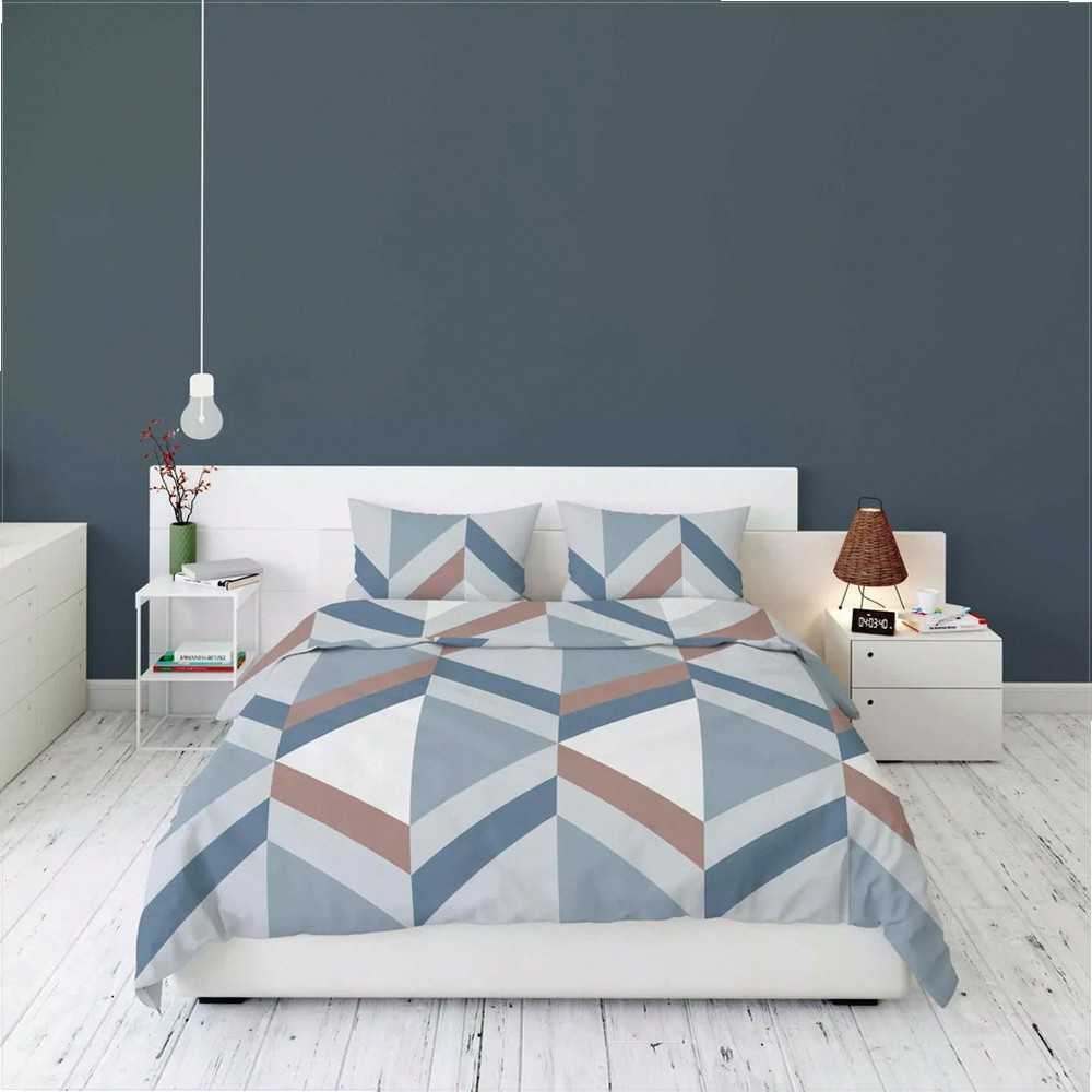 Flanelinės patalynės komplektas, geometrinė eglutė, mėlyna ir pilka, 220x200 cm, minkšta žieminė patalynė, pastelinė gėlėta patalynė, patalynė miegamajam