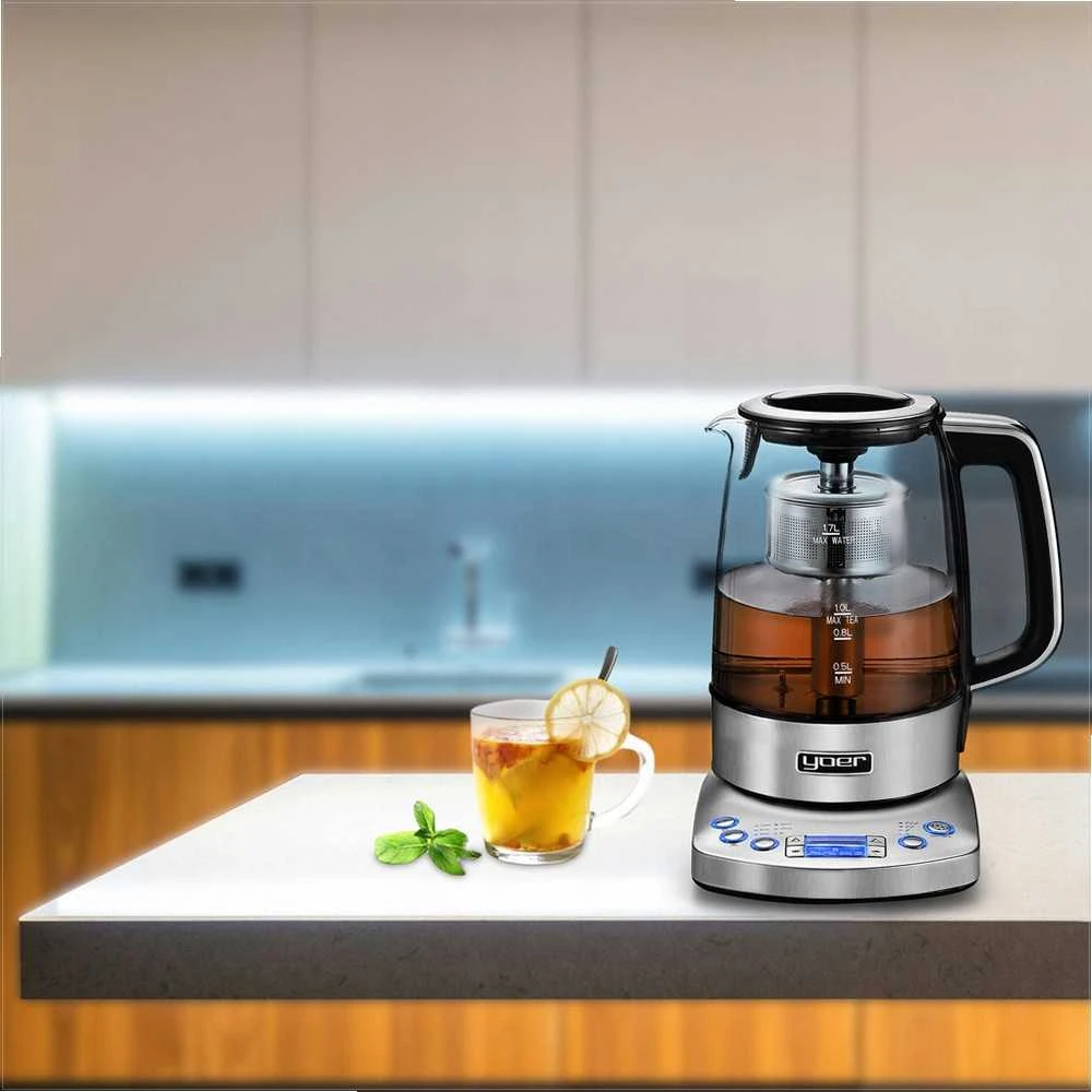 Flavoro Pro Stiklinis elektrinis virdulys su temperatūros reguliavimu arbatos ruošimui, 2200W 1.7L automatinis arbatos virimo aparatas, stiklinis virdulys su temperatūros nustatymu, automatinis arbatos virdulys, elektrinis stiklo virdulys, virtuvinis virdulys arbatai