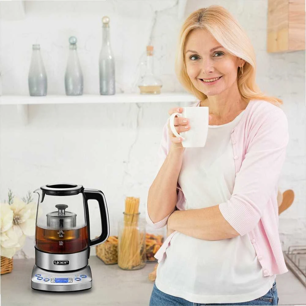 Flavoro Pro Stiklinis elektrinis virdulys su temperatūros reguliavimu arbatos ruošimui, 2200W 1.7L automatinis arbatos virimo aparatas, stiklinis virdulys su temperatūros nustatymu, automatinis arbatos virdulys, elektrinis stiklo virdulys, virtuvinis virdulys arbatai