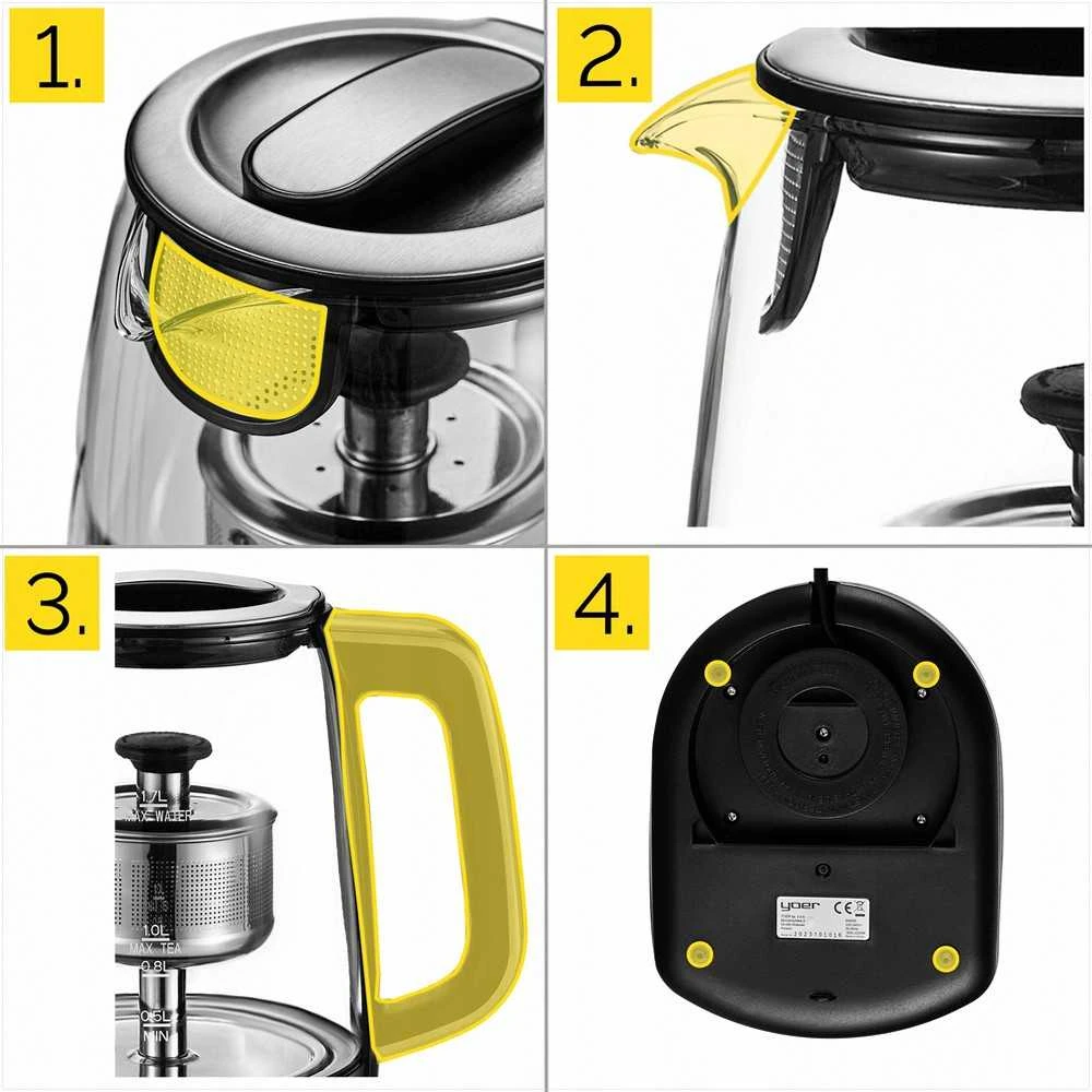 Flavoro Pro Stiklinis elektrinis virdulys su temperatūros reguliavimu arbatos ruošimui, 2200W 1.7L automatinis arbatos virimo aparatas, stiklinis virdulys su temperatūros nustatymu, automatinis arbatos virdulys, elektrinis stiklo virdulys, virtuvinis virdulys arbatai