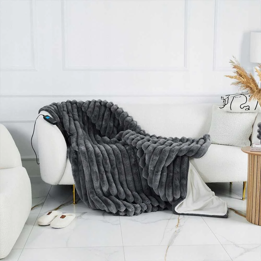 Fuzzo Didelė elektrinė antklodė 180x160 cm dviem asmenims, pliušas ir flanelė, 160W šildymas, LCD valdymas, 10 temperatūros nustatymų, 10 valandų laikmatis, elektrinis šildomas užtiesalas, šildanti antklodė lovai