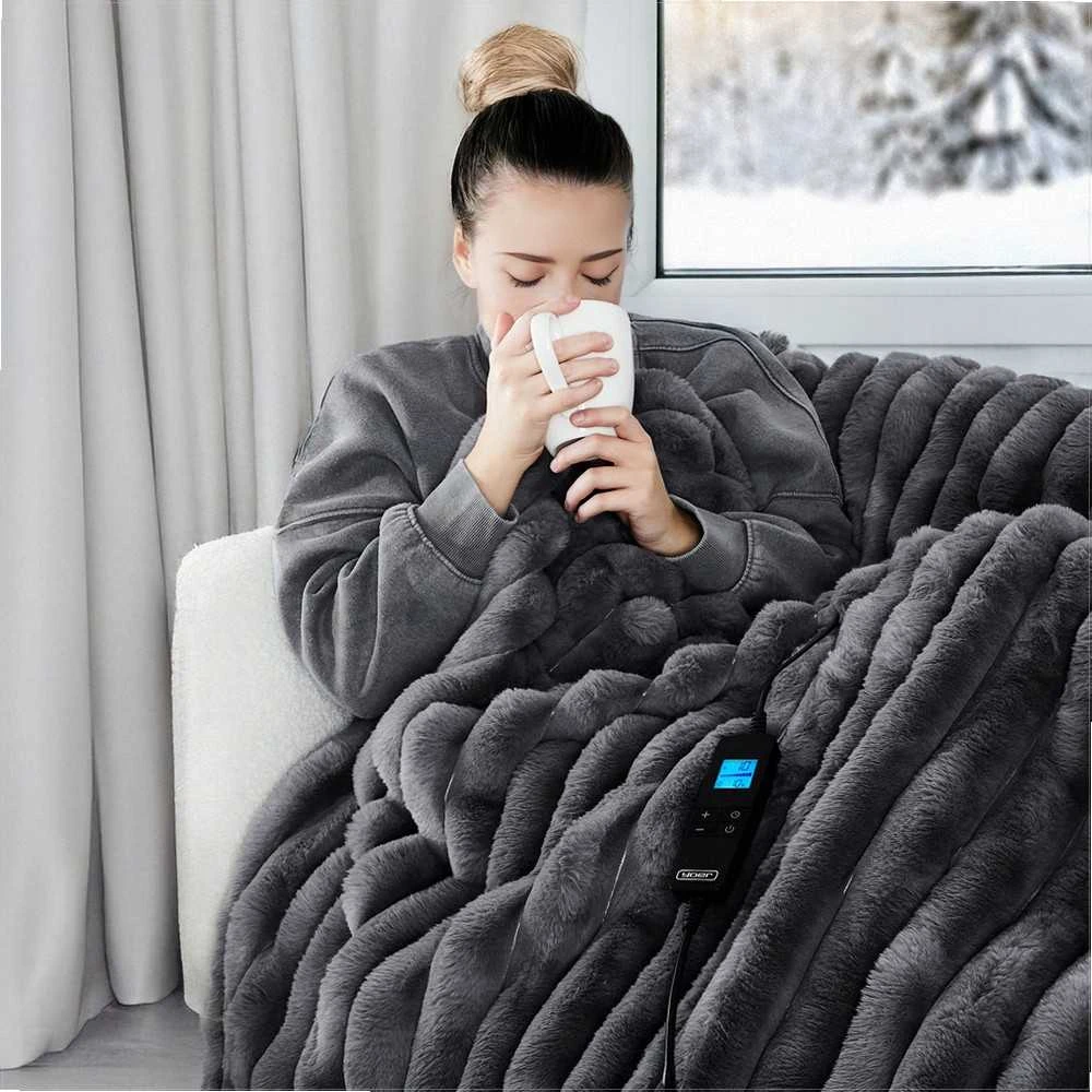 Fuzzo Didelė elektrinė antklodė 180x160 cm dviem asmenims, pliušas ir flanelė, 160W šildymas, LCD valdymas, 10 temperatūros nustatymų, 10 valandų laikmatis, elektrinis šildomas užtiesalas, šildanti antklodė lovai