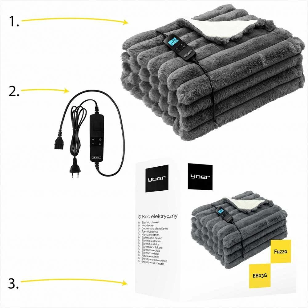Fuzzo Didelė elektrinė antklodė 180x160 cm dviem asmenims, pliušas ir flanelė, 160W šildymas, LCD valdymas, 10 temperatūros nustatymų, 10 valandų laikmatis, elektrinis šildomas užtiesalas, šildanti antklodė lovai