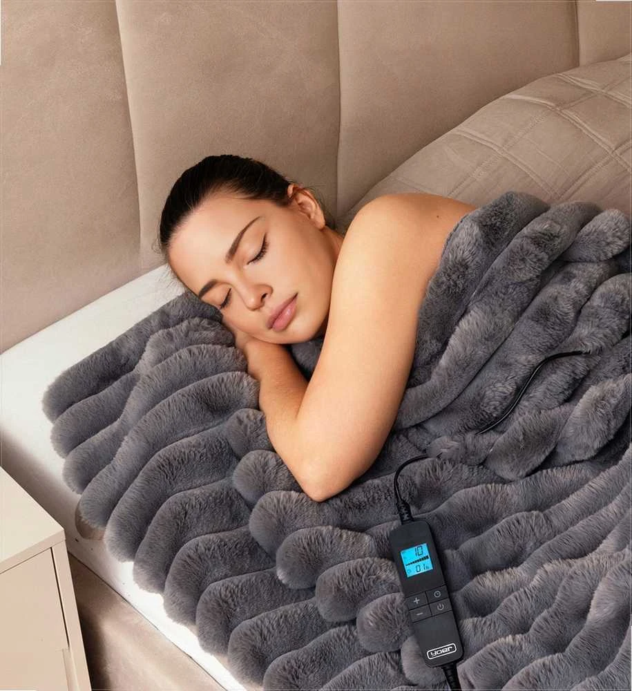 Fuzzo Didelė elektrinė antklodė 180x160 cm dviem asmenims, pliušas ir flanelė, 160W šildymas, LCD valdymas, 10 temperatūros nustatymų, 10 valandų laikmatis, elektrinis šildomas užtiesalas, šildanti antklodė lovai
