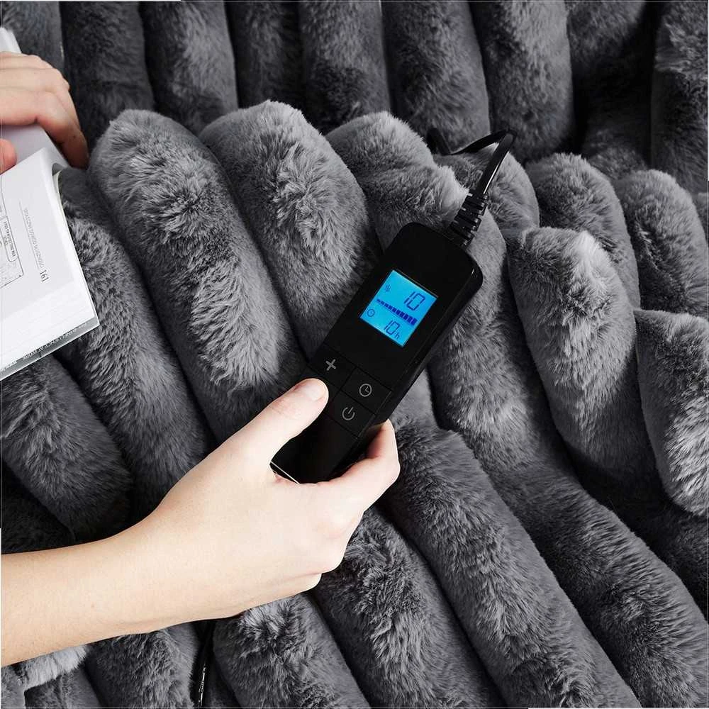 Fuzzo Didelė elektrinė antklodė 180x160 cm dviem asmenims, pliušas ir flanelė, 160W šildymas, LCD valdymas, 10 temperatūros nustatymų, 10 valandų laikmatis, elektrinis šildomas užtiesalas, šildanti antklodė lovai