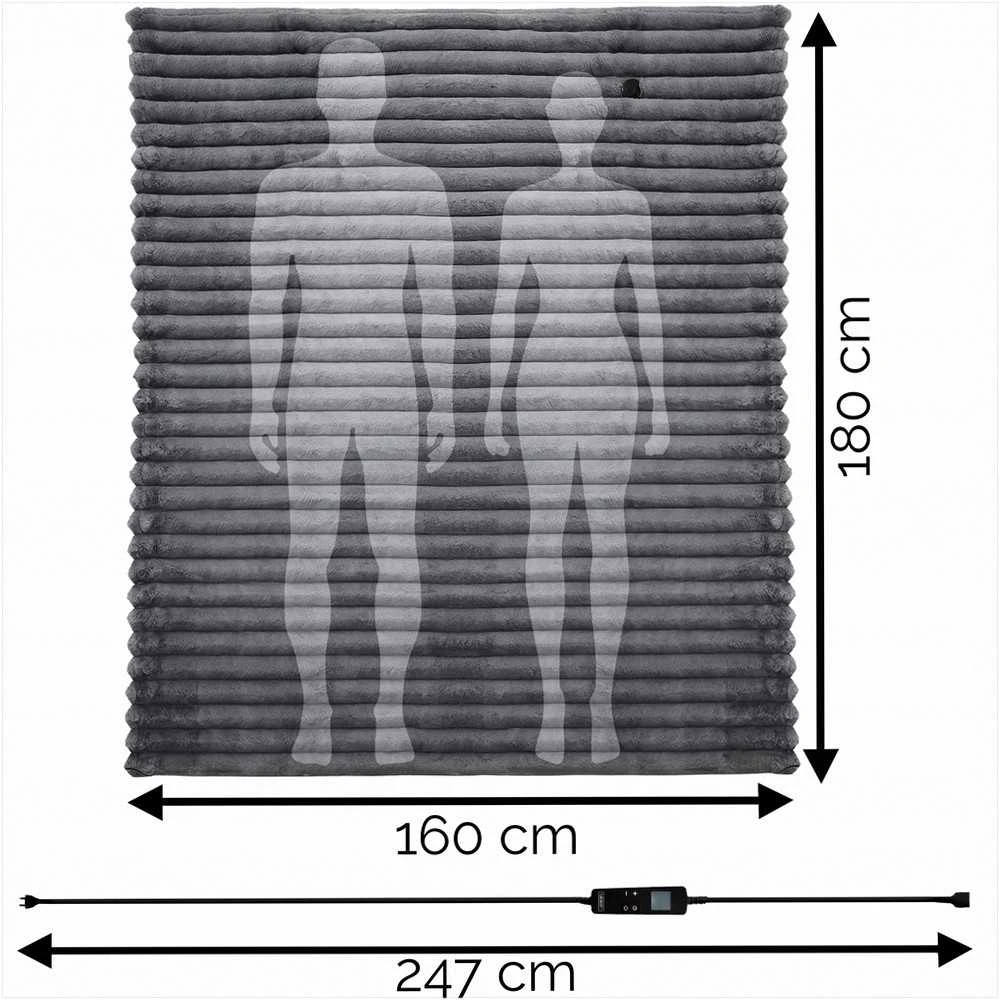 Fuzzo Didelė elektrinė antklodė 180x160 cm dviem asmenims, pliušas ir flanelė, 160W šildymas, LCD valdymas, 10 temperatūros nustatymų, 10 valandų laikmatis, elektrinis šildomas užtiesalas, šildanti antklodė lovai