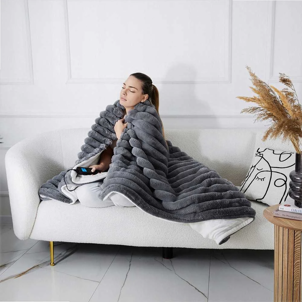 Fuzzo Didelė elektrinė antklodė 180x160 cm dviem asmenims, pliušas ir flanelė, 160W šildymas, LCD valdymas, 10 temperatūros nustatymų, 10 valandų laikmatis, elektrinis šildomas užtiesalas, šildanti antklodė lovai