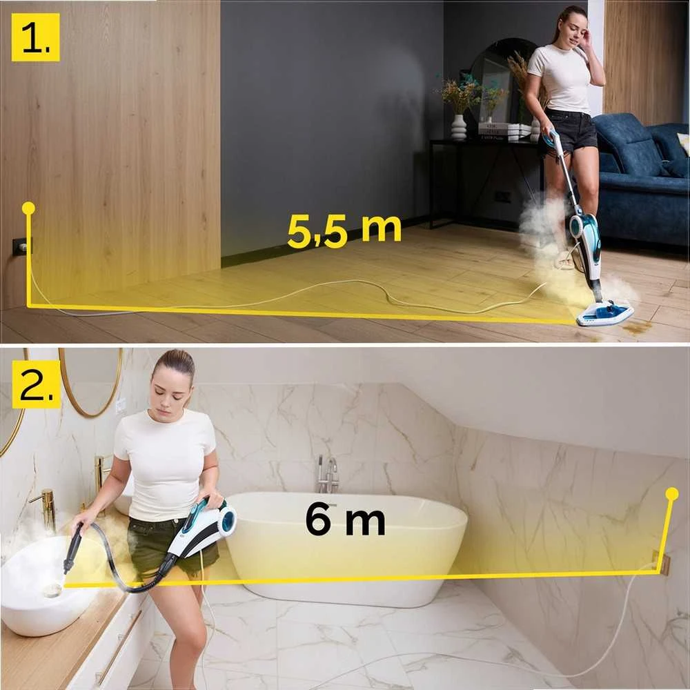 Garinis mopas ir rankinis garintuvas 2-in-1 giliam valymui, 1600W didelė galia, 15 sekundžių įkaitimas, 25 minučių veikimo laikas, garinis valytuvas, grindų plovimo įrenginys
