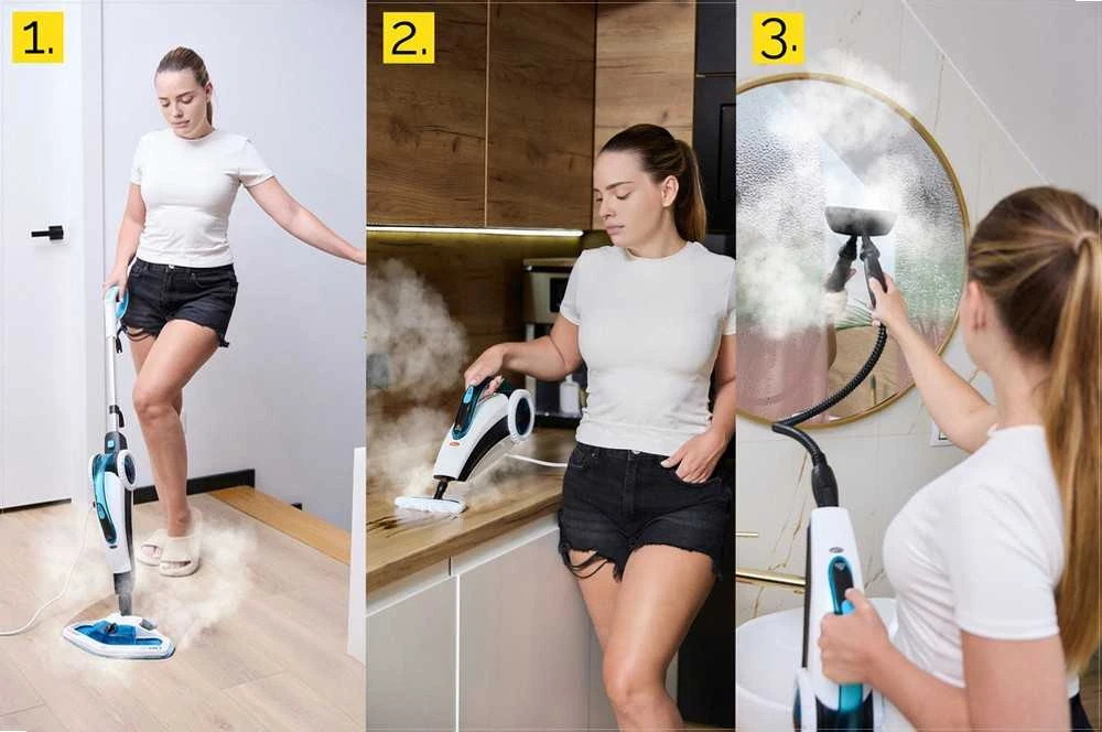 Garinis mopas ir rankinis garintuvas 2-in-1 giliam valymui, 1600W didelė galia, 15 sekundžių įkaitimas, 25 minučių veikimo laikas, garinis valytuvas, grindų plovimo įrenginys
