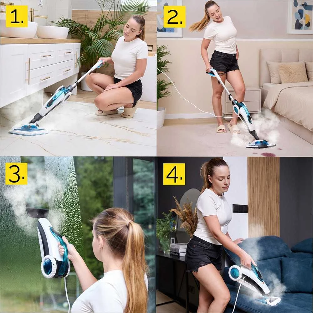Garinis mopas ir rankinis garintuvas 2-in-1 giliam valymui, 1600W didelė galia, 15 sekundžių įkaitimas, 25 minučių veikimo laikas, garinis valytuvas, grindų plovimo įrenginys