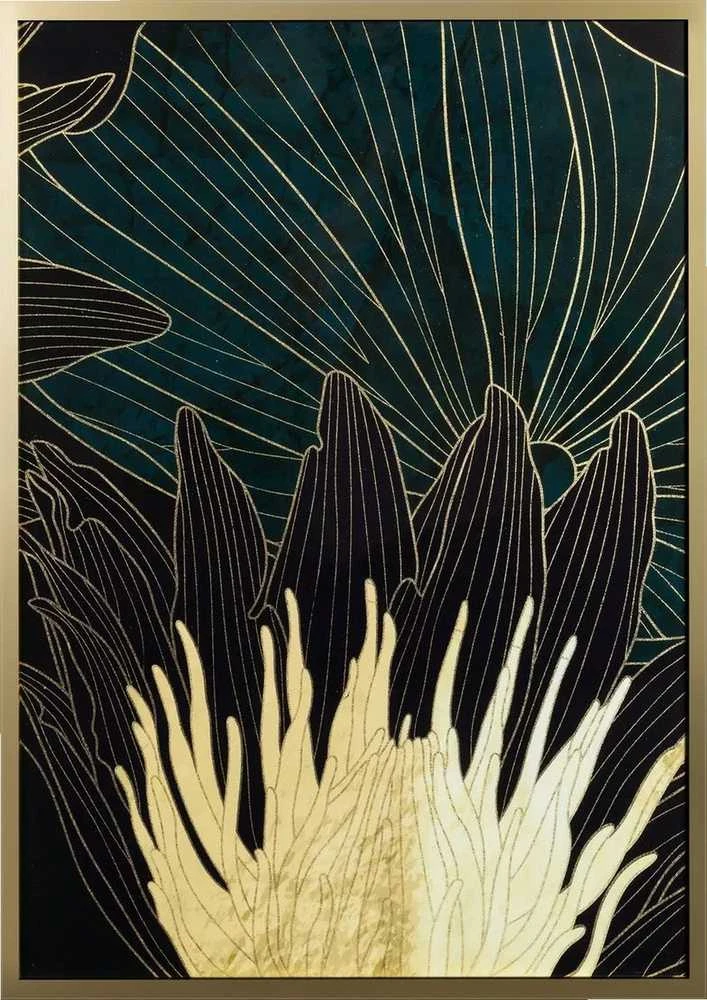 Eurofirany Gėlių sienos meno kūrinys, žalias ir kreminis gėlių motyvas su aukso dekoracija, 53x73 cm įrėminta drobė, dekoratyvinis paveikslas svetainei ar miegamajam, namų interjero detalė
