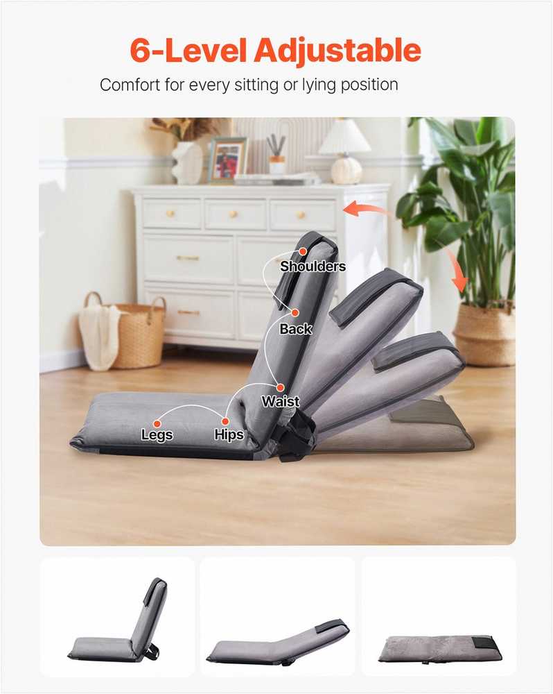 Grindų kėdė su 6 padėčių reguliuojama nugaros atrama, sulankstoma poilsio sofa skaitymui ir žaidimams, reguliuojama grindų sėdynė meditacinė kėdė nešiojamas grindų gultas