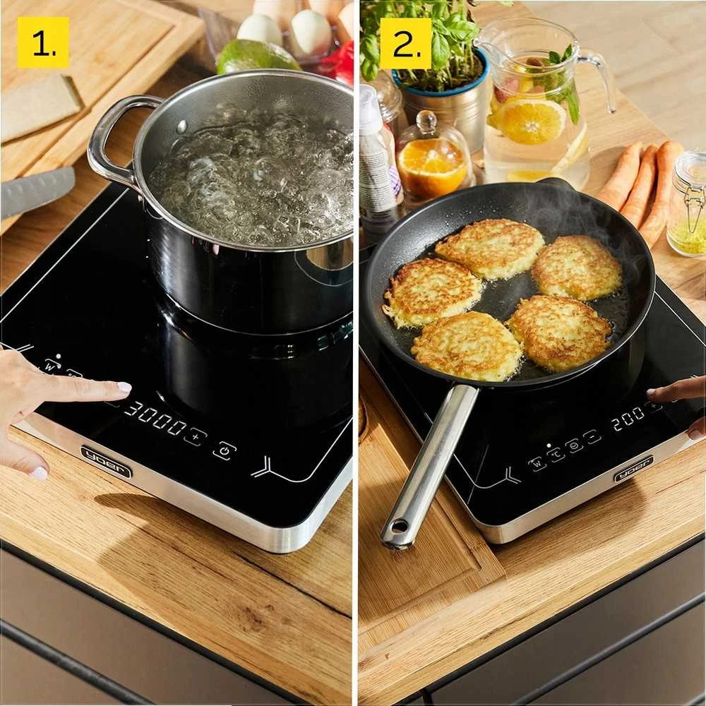 Inducto Nešiojama indukcinė kaitlentė 3000W, kempingui ir namams, 10 galios lygių, 10 temperatūros nustatymų, 22 cm kaitvietė, indukcinė viryklė, nešiojama elektrinė plytelė, galinga indukcinė plytelė maistui gaminti