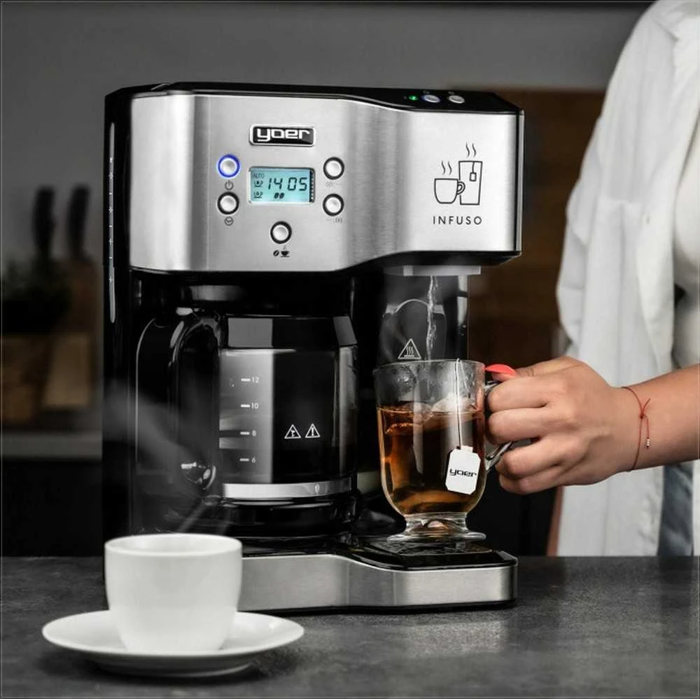 Infuso Kavos aparatas 2 in 1 su karšto vandens dozatoriumi kavai ir arbatai, 1900W, 1.8L vandens talpa, 24h laikmatis, lašelinis kavos virimo aparatas, elektrinis virdulys