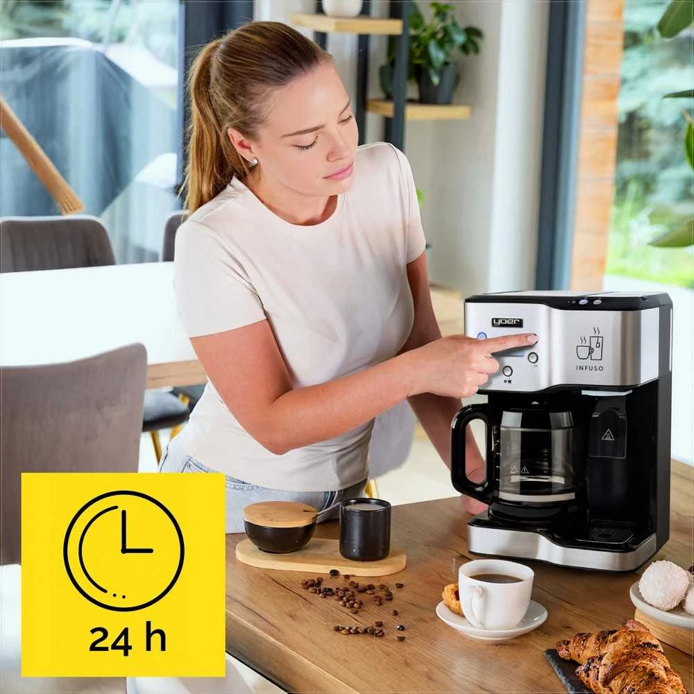 Infuso Kavos aparatas 2 in 1 su karšto vandens dozatoriumi kavai ir arbatai, 1900W, 1.8L vandens talpa, 24h laikmatis, lašelinis kavos virimo aparatas, elektrinis virdulys