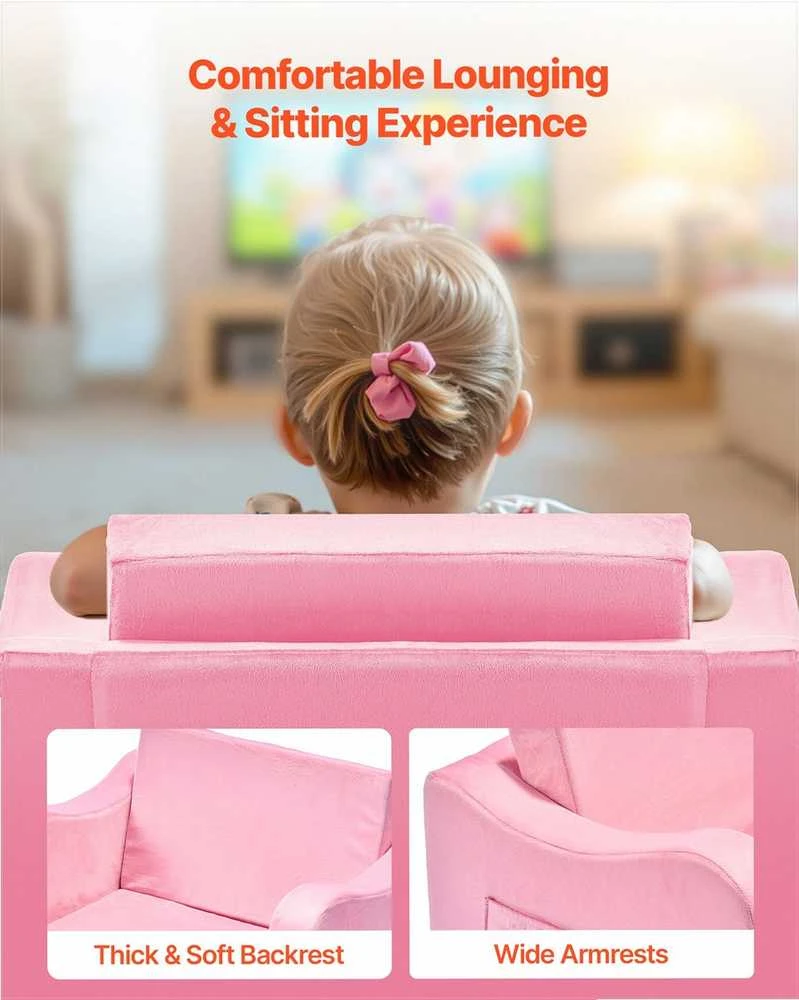 Išlankstoma vaikiška sofa žaidimams ir poilsiui, itin plati sėdynė, minkšti porankiai, transformuojama sofa mažyliams, išlankstoma vaikiška kušetė