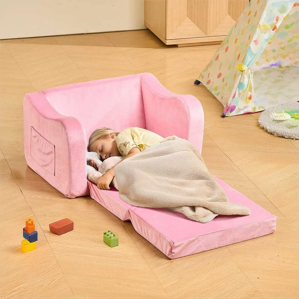 Išlankstoma vaikiška sofa žaidimams ir poilsiui, itin plati sėdynė, minkšti porankiai, transformuojama sofa mažyliams, išlankstoma vaikiška kušetė