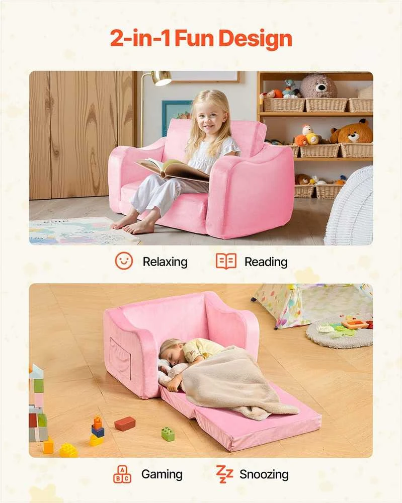Išlankstoma vaikiška sofa žaidimams ir poilsiui, itin plati sėdynė, minkšti porankiai, transformuojama sofa mažyliams, išlankstoma vaikiška kušetė