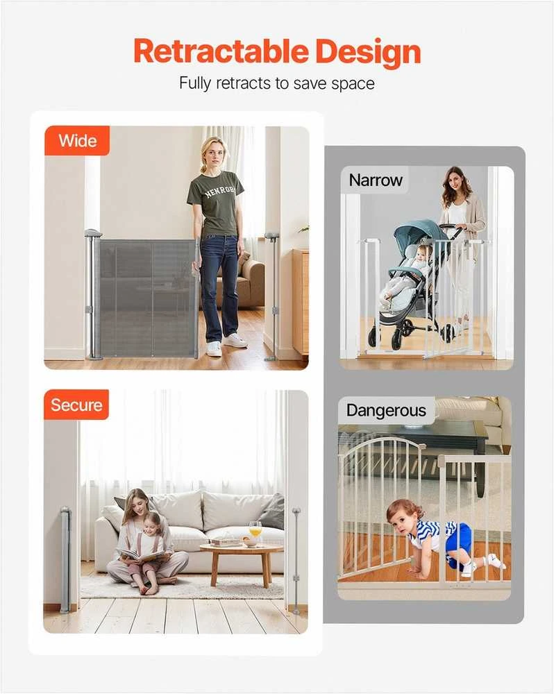 Ištraukiami apsauginiai varteliai vaikams ir augintiniams, tinklinio skydelio saugos užtvara, sustiprintas stiklo pluošto rėmas, sprendimas vidaus laiptams ir durų angoms, pilki ištraukiami apsauginiai varteliai