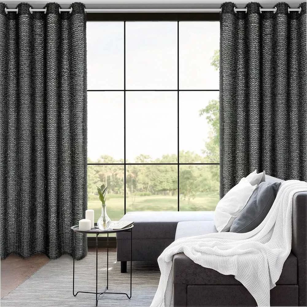 Eurofirany Juoda tekstūrinė poliesterio užuolaida su moherio siūlų aplikacija, 135x250 cm, tvirtinimas žiedais, prabangi langų dekoracija, moderni užuolaida svetainei