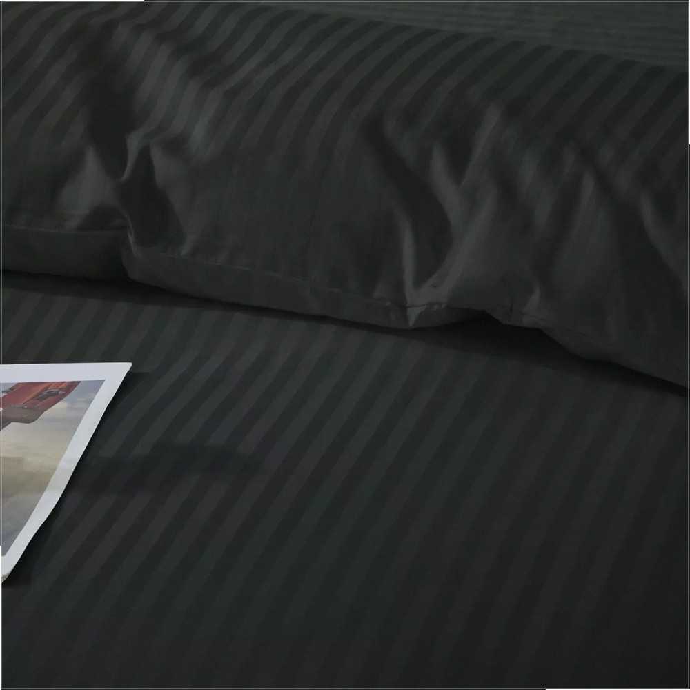 Juodas damastinės patalynės komplektas 140x200 cm, dryžuota medvilninio satino patalynė, viešbučio kokybės patalynė, juoda patalynė