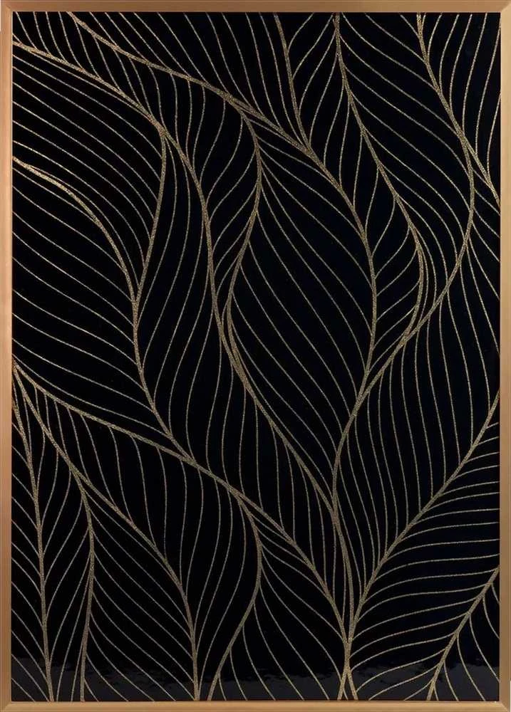 Eurofirany Juodas ir auksinis lapų sienų menas, 53x73 cm dekoratyvinis įrėmintas drobės paveikslas, elegantiškas gėlių sienų dekoras, modernus svetainės meno kūrinys