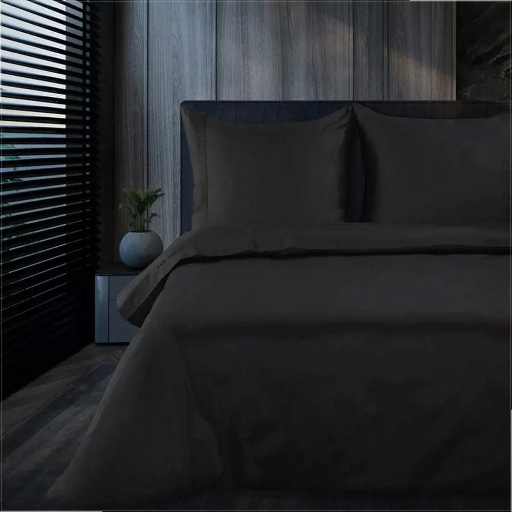 Eurofirany Juodas medvilninio satino patalynės komplektas, vientisa spalva, 220x200 cm antklodės užvalkalas su 2 pagalvių užvalkalais 70x80 cm, elegantiška miegamojo tekstilė, prabangi patalynė