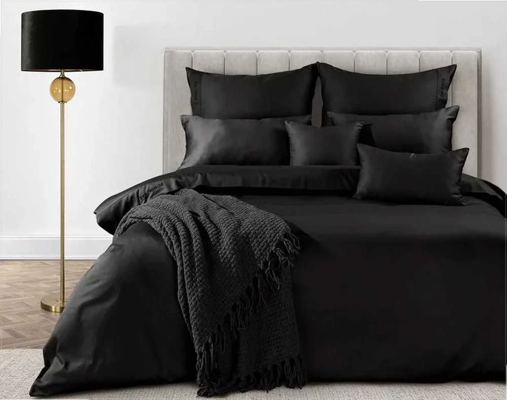 Eurofirany Juodas medvilninio satino patalynės komplektas, vientisa spalva, 220x200 cm antklodės užvalkalas su 2 pagalvių užvalkalais 70x80 cm, elegantiška miegamojo tekstilė, prabangi patalynė
