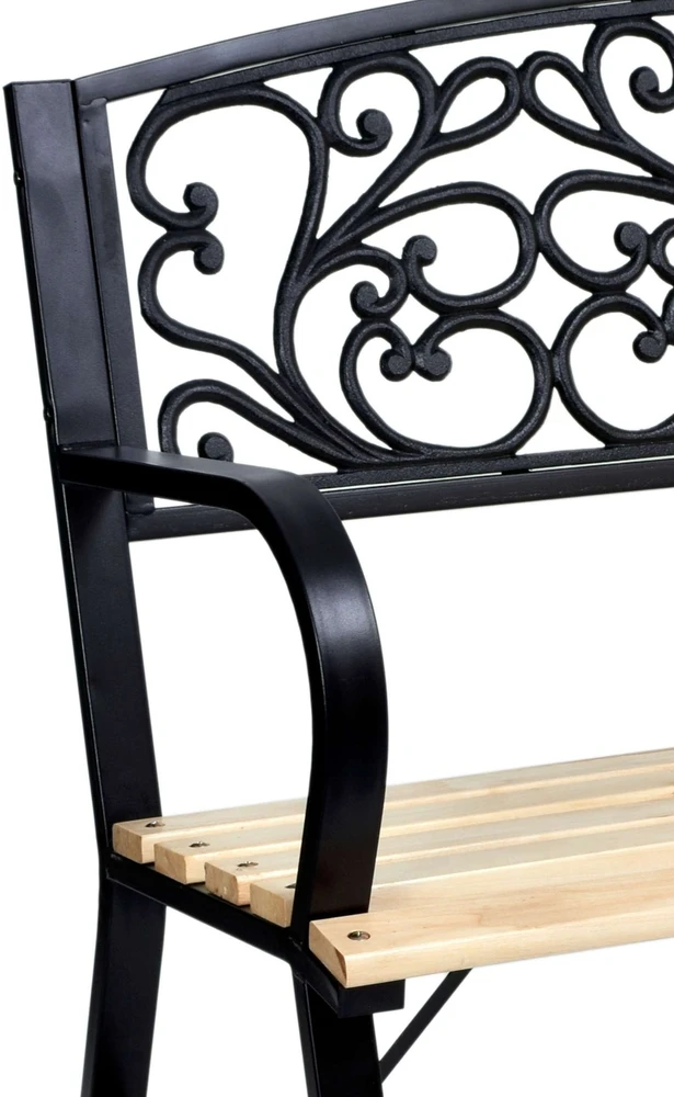 Juodo metalo ir ketaus sodo suoliukas su mediniu sėdynės pagrindu, 120 cm, lauko baldai, parkui, terasai