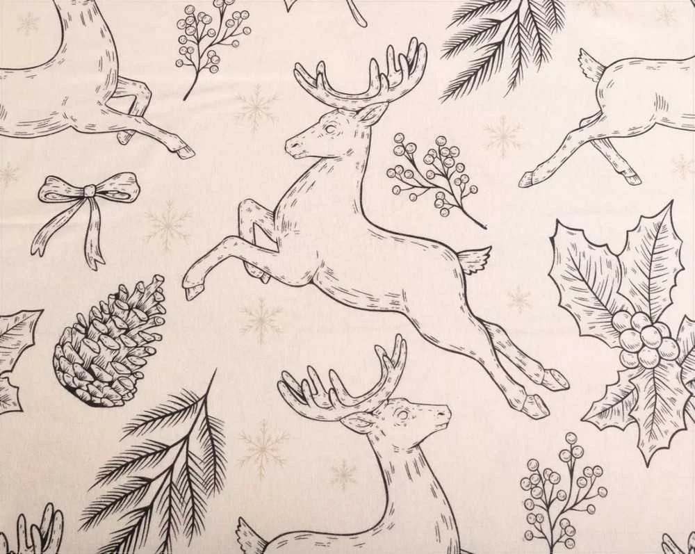 Multitex Kalėdinis flanelinės patalynės komplektas 220x200 cm, kreminės ir juodos spalvos elnių raštas, 3 dalių medvilninis antklodės užvalkalas su pagalvėmis, jaukūs žieminiai patalai