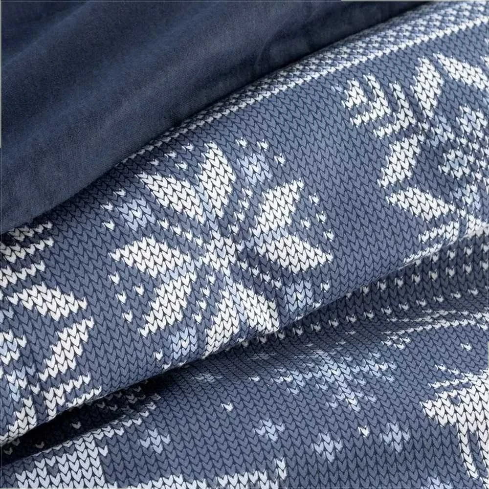Eurofirany Kalėdinis flanelinės patalynės komplektas, 220x200 cm antklodės užvalkalas, tamsiai mėlynas ir baltas skandinaviškas raštas, 3 dalių rinkinys, šilta žieminė patalynė, minkšta medvilnė