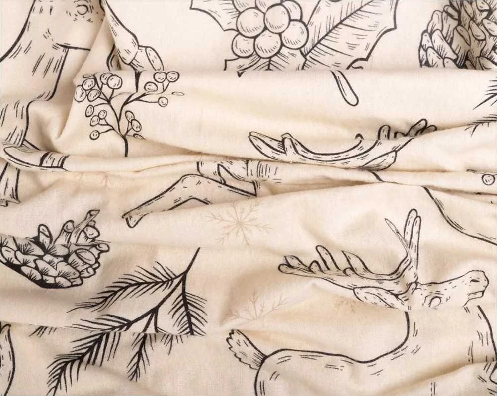 Multitex Kalėdinis flanelinės patalynės komplektas 220x200 cm, kreminės ir juodos spalvos elnių raštas, 3 dalių medvilninis antklodės užvalkalas su pagalvėmis, jaukūs žieminiai patalai