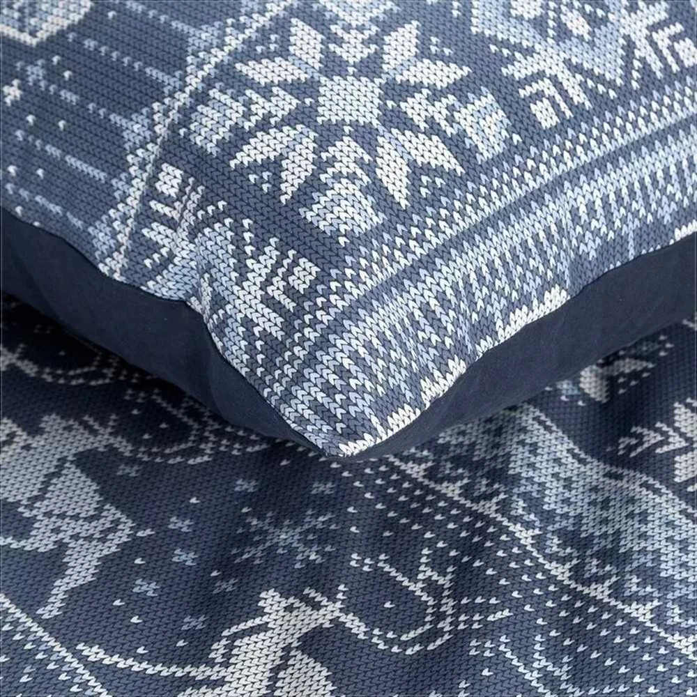 Eurofirany Kalėdinis flanelinės patalynės komplektas, 220x200 cm antklodės užvalkalas, tamsiai mėlynas ir baltas skandinaviškas raštas, 3 dalių rinkinys, šilta žieminė patalynė, minkšta medvilnė