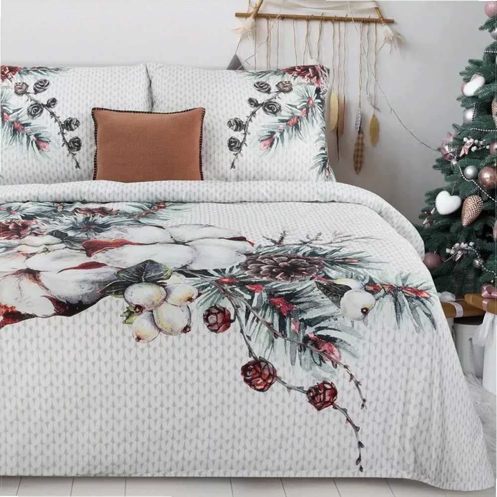 Eurofirany Kalėdinis patalynės komplektas 140x200, balta ir žalia šventinė patalynė, medvilninio satino patalynė, žiemos švenčių patalynė, Kalėdinis antklodės užvalkalų komplektas, miegamojo dekoras
