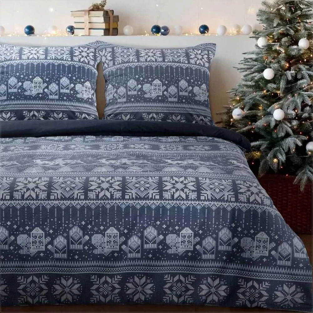 Eurofirany Kalėdinis patalynės komplektas 140x200, flanelinis antklodės užvalkalas, Skandinaviška Kalėdų patalynė, tamsiai mėlyna balta patalynė, žieminis patalynės komplektas, viengulės lovos patalynė, Kalėdos