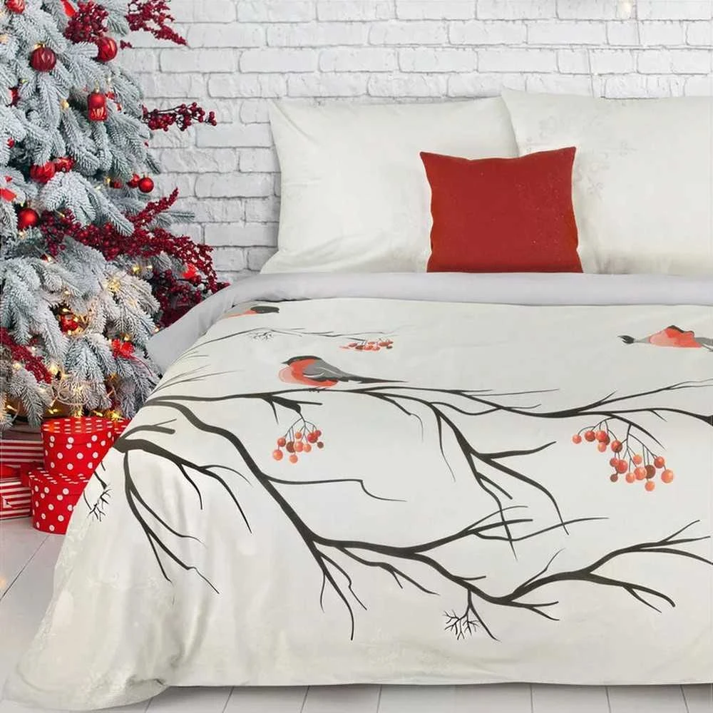 Eurofirany Kalėdinis patalynės komplektas 160x200 cm, medvilninis satinas, kreminė spalva su paukščių raštu, šventinis antklodės užvalkalas ir pagalvės, miegamojo tekstilė Patalynė