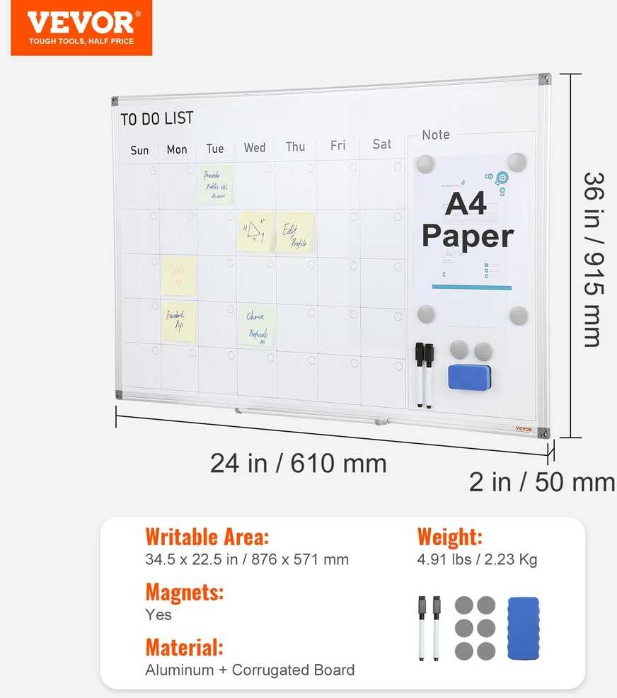 VEVOR Kalendorinė lenta 915x610x50 mm, magnetinė sausai valoma kalendorinė lenta, mėnesio planavimo lenta, biuro lenta