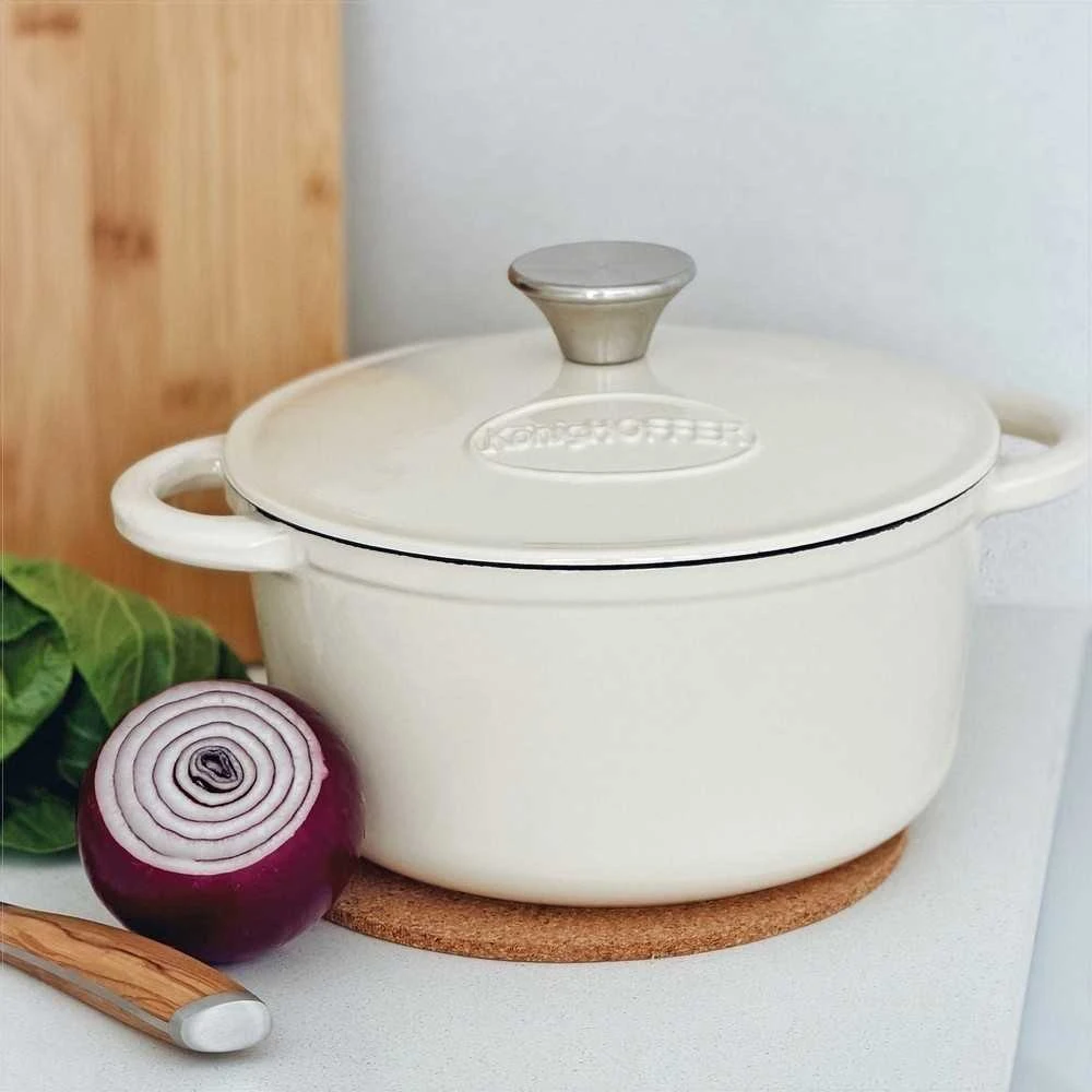 Konighoffer Ketaus emaliuotas troškintuvas 2.8 litro, orkaitei ir viryklei, kreminis glazūruotas, tinkamas indukcijai, ketaus puodas, emaliuotas puodas, 2.8L troškintuvas, troškinimo indas