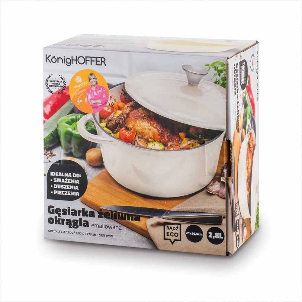 Konighoffer Ketaus emaliuotas troškintuvas 2.8 litro, orkaitei ir viryklei, kreminis glazūruotas, tinkamas indukcijai, ketaus puodas, emaliuotas puodas, 2.8L troškintuvas, troškinimo indas