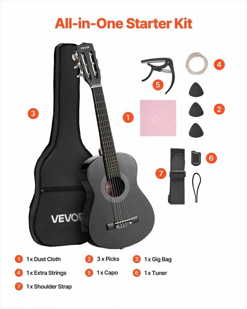 Klasikinės gitaros pradedančiųjų rinkinys, 780 mm liepos medienos instrumentas su nailoninėmis stygomis, derintuvu ir priedais, pradedančiųjų gitaros komplektas, gitara vaikams ir mokiniams