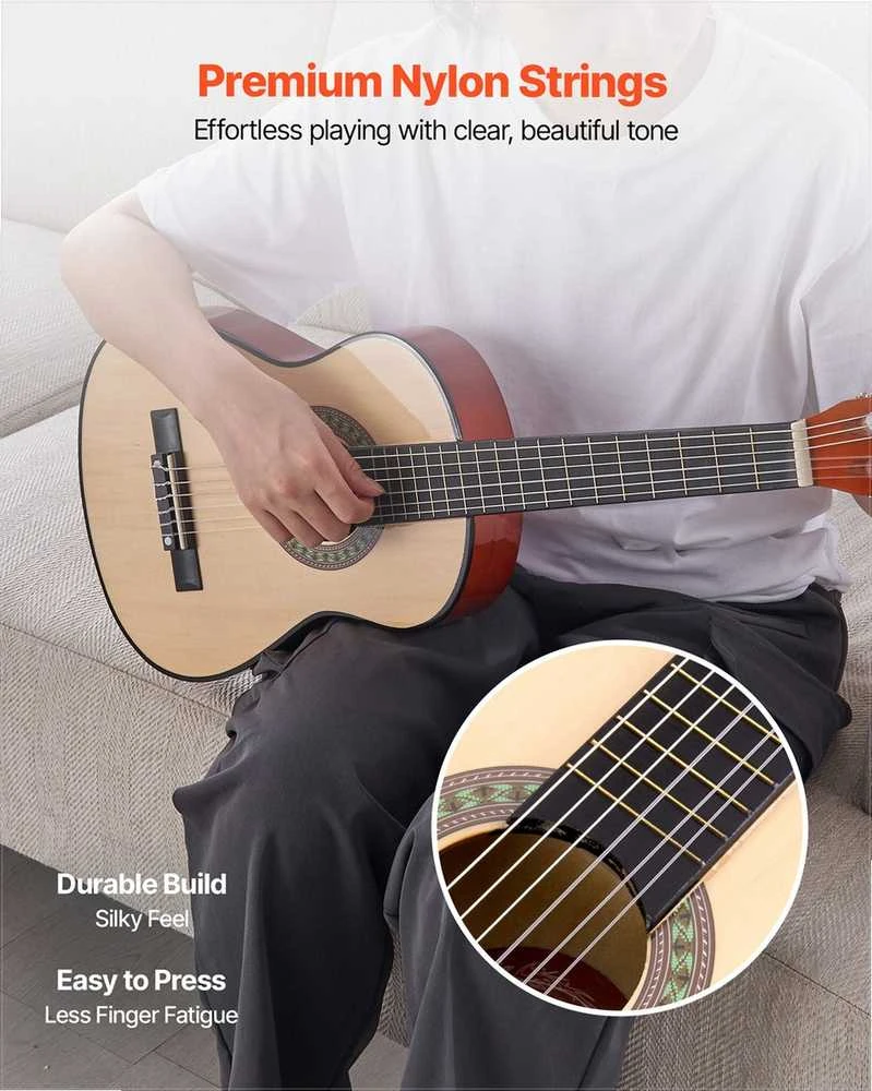 Klasikinės gitaros pradedančiųjų rinkinys, 780 mm liepos medienos instrumentas su nailoninėmis stygomis, pilnas priedų komplektas, natūralios spalvos