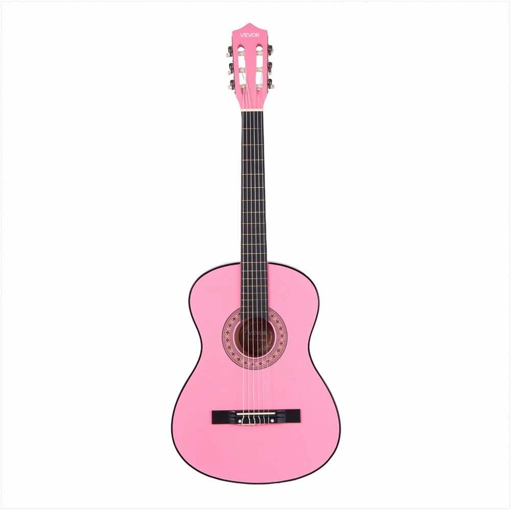 Klasikinės gitaros pradedančiųjų rinkinys, pilno dydžio 960 mm liepos medienos instrumentas su nailoninėmis stygomis, dėklu ir derintuvu, rožinis klasikinis gitaros rinkinys