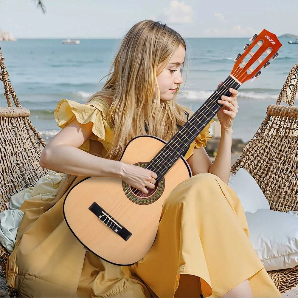 Klasikinės gitaros pradedančiųjų rinkinys, 780 mm liepos medienos instrumentas su nailoninėmis stygomis, pilnas priedų komplektas, natūralios spalvos