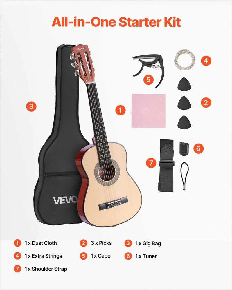Klasikinės gitaros pradedančiųjų rinkinys, 780 mm liepos medienos instrumentas su nailoninėmis stygomis, pilnas priedų komplektas, natūralios spalvos