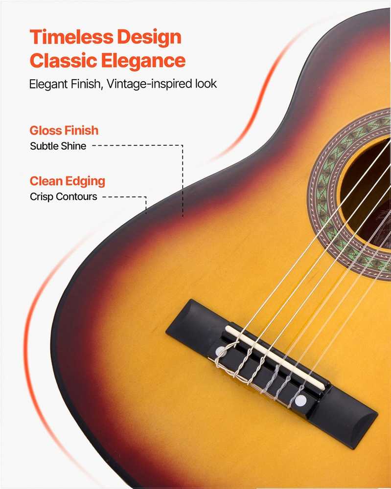 Klasikinės gitaros pradedančiųjų rinkinys, 780 mm medinė gitara su priedais, nailoninėmis stygomis, dėklu, derintuvu, saulės spindulių spalvos apdaila, pradedančiųjų gitaros komplektas