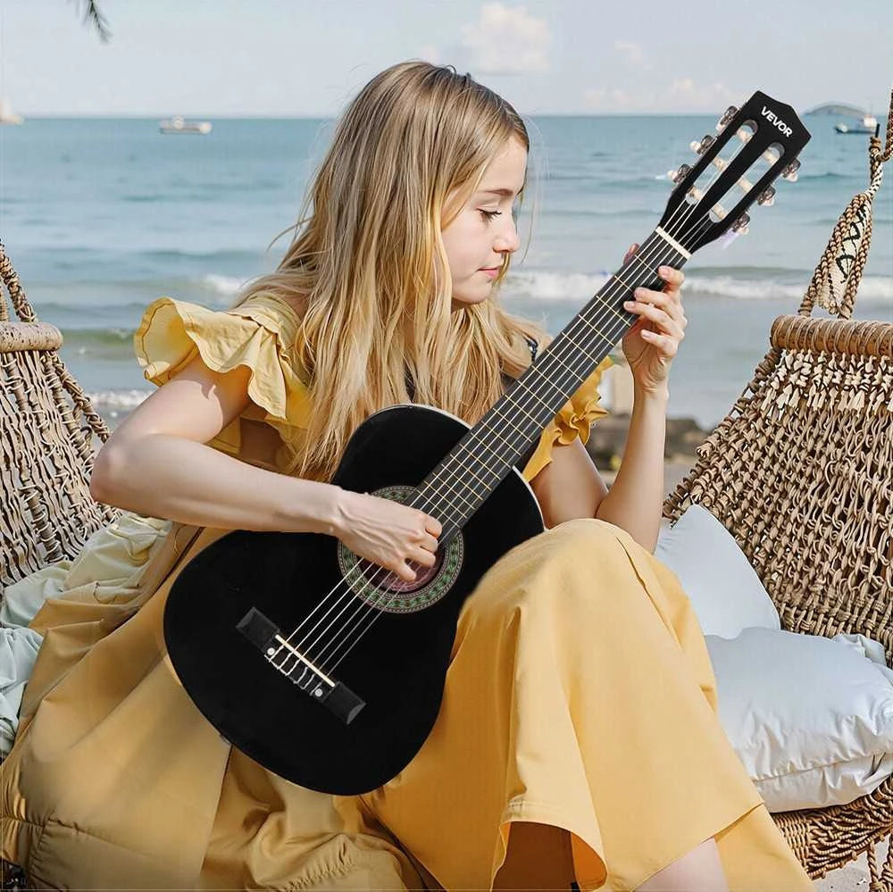Klasikinės gitaros pradedančiųjų rinkinys, 780 mm liepos medienos instrumentas su nailoninėmis stygomis, derintuvu ir priedais, pradedančiųjų gitaros komplektas, gitara vaikams ir mokiniams