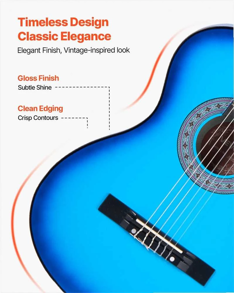 Klasikinės gitaros pradedančiųjų rinkinys, viso dydžio 960 mm instrumentas su nailoninėmis stygomis, dėklu ir derintuvu, mėlynos spalvos liepos medienos klasikinės gitaros rinkinys pradedantiesiems