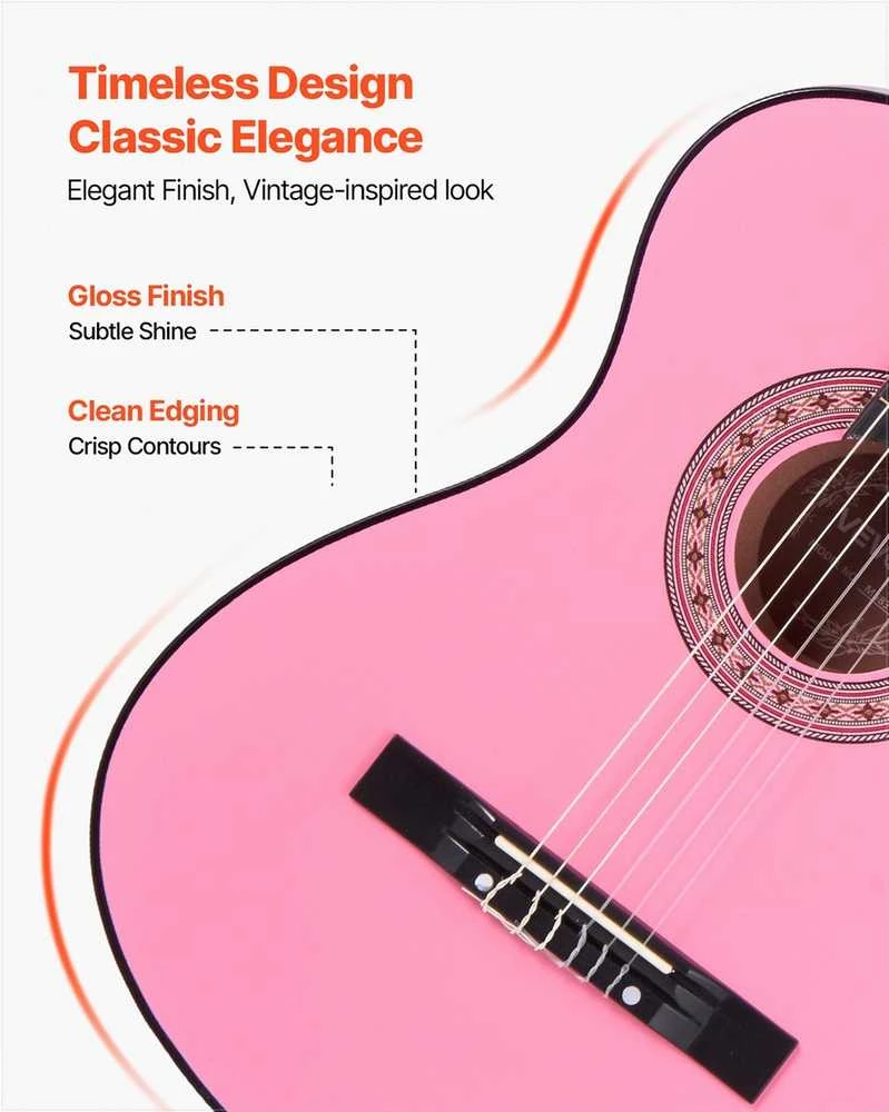 Klasikinės gitaros pradedančiųjų rinkinys, pilno dydžio 960 mm liepos medienos instrumentas su nailoninėmis stygomis, dėklu ir derintuvu, rožinis klasikinis gitaros rinkinys